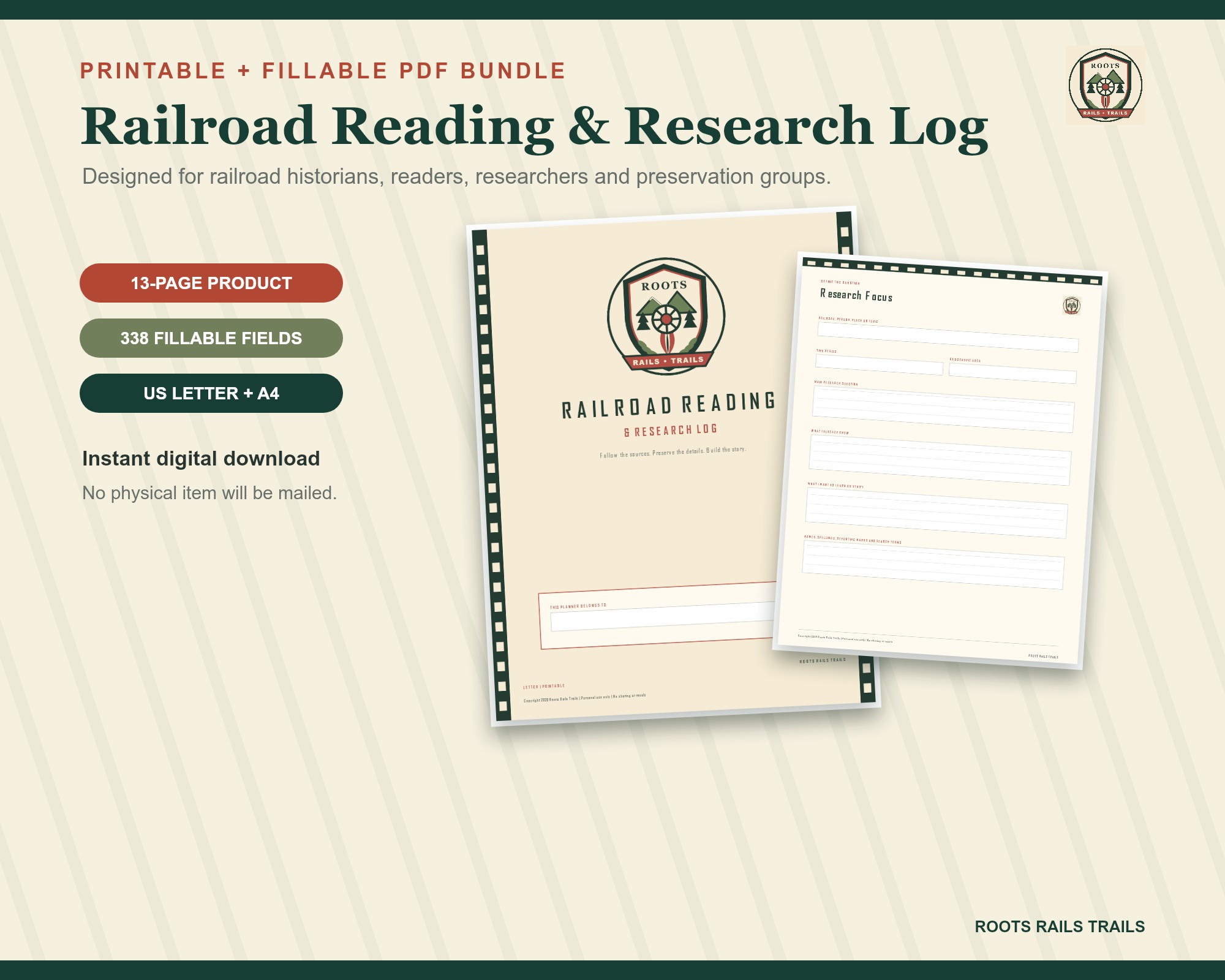 Railroad Reading and Research Log printable and fillable digital download