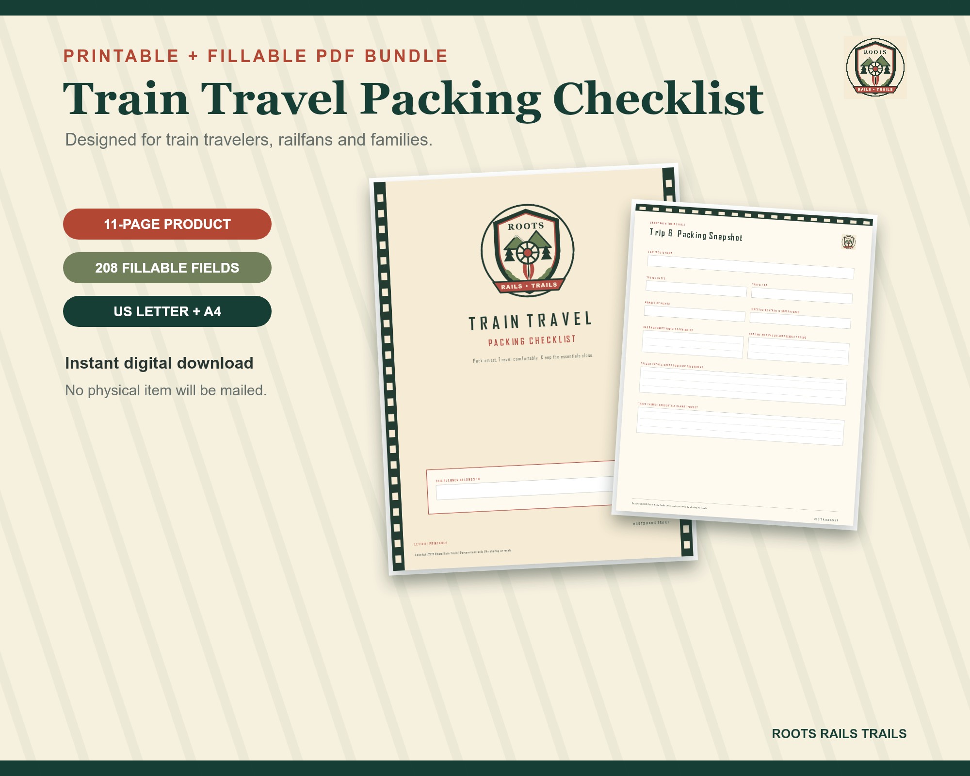 Train Travel Packing Checklist printable and fillable digital download